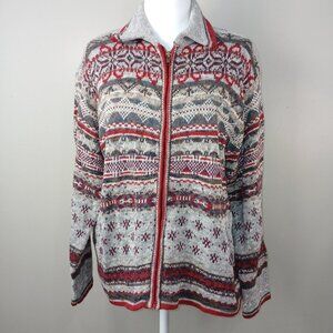 HEIRLOOM COLLECTIBLE  VINTAGE FRONT ZIP CARDIGAN GRAY AND RED DESIGNS  LARGE